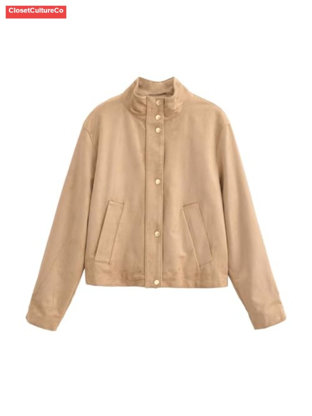 Faux Suede Cropped Jacket High Neck Utility Button Front Coat with Pockets